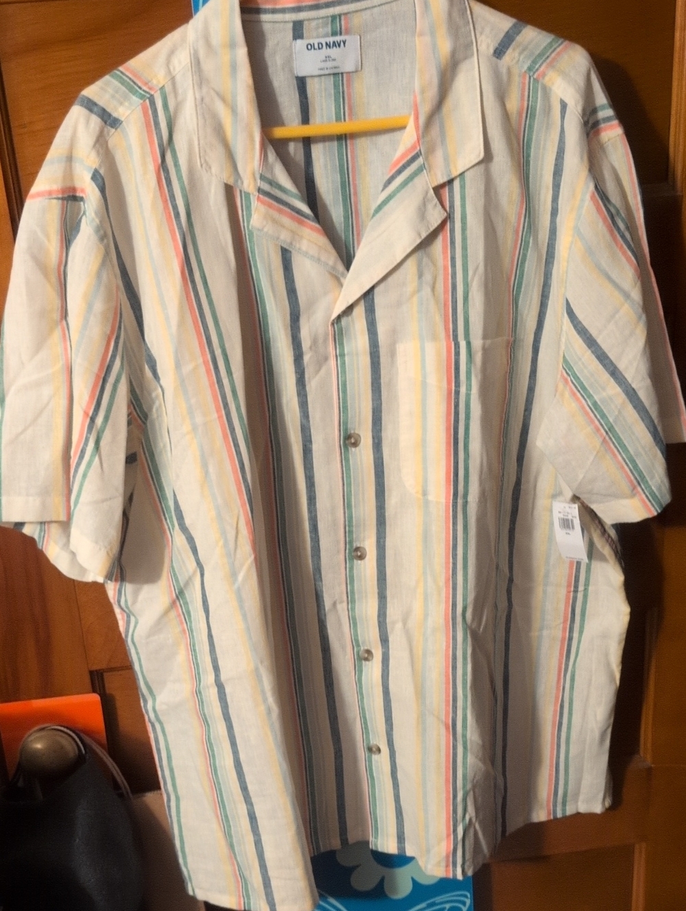 Old Navy Men's Cream Short-Sleeve Button-Up Shirt with Multi-Color Stripes